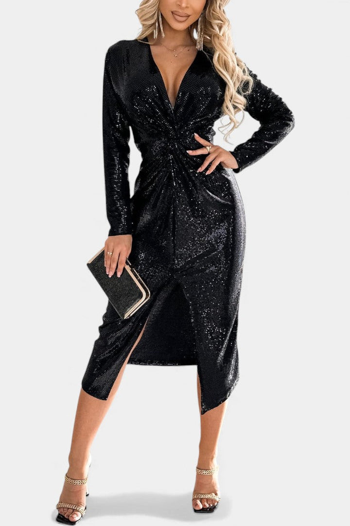Sofina V-Neck Sequined Dress with Chic Slit