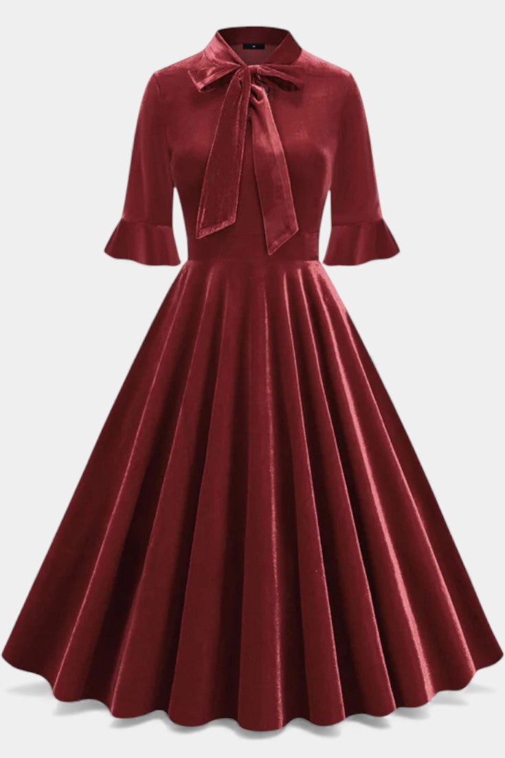 Domitille Vintage Midi Velvet Dress Featuring Ruffled Sleeves and a Chic Bow