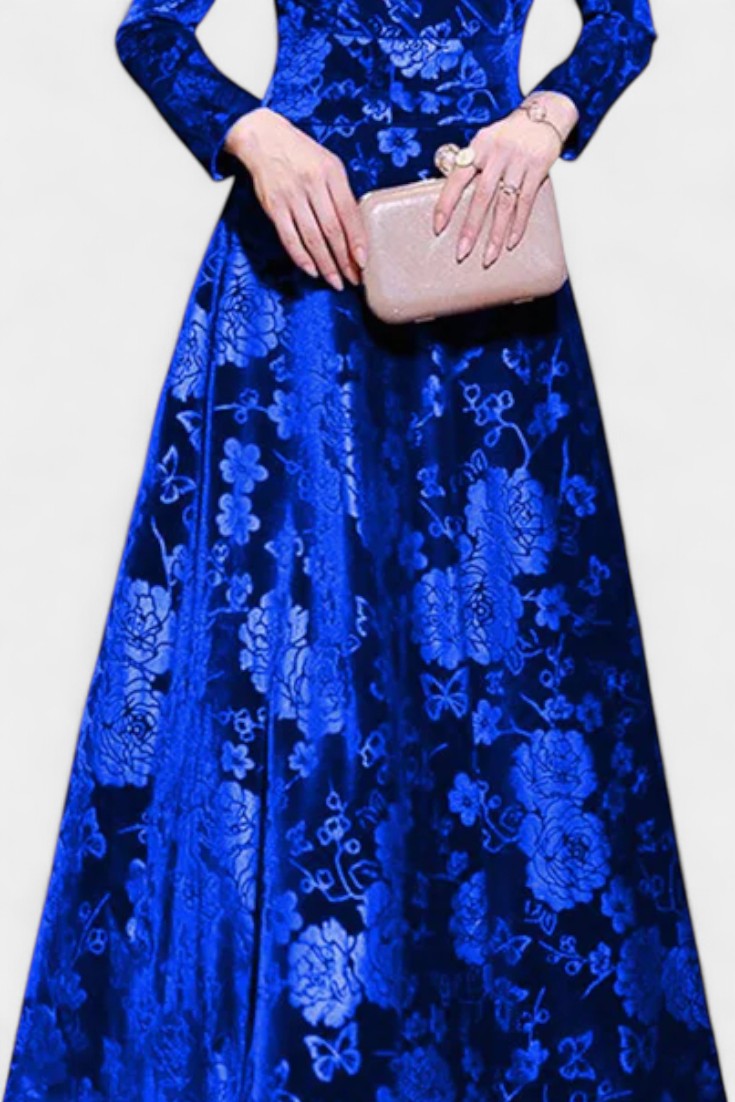 Ombeline V-Neck Long Velvet Dress with Textured Floral Design