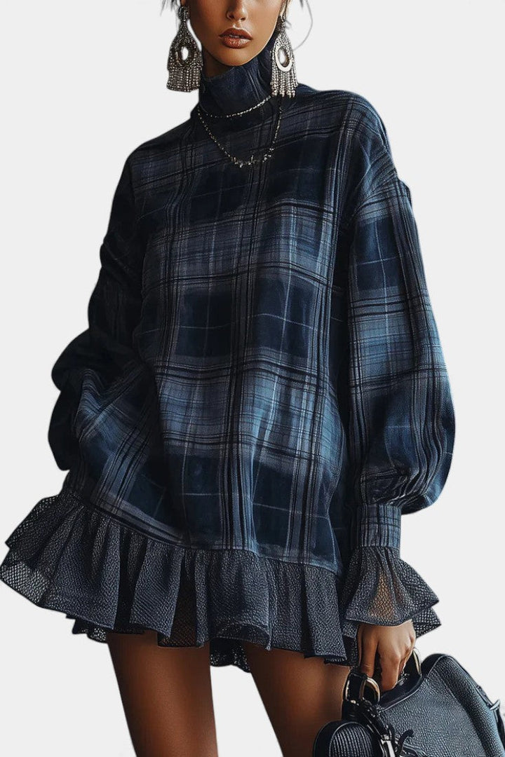 Blue Checkered Knit Mini Dress with High Collar by Alvetina