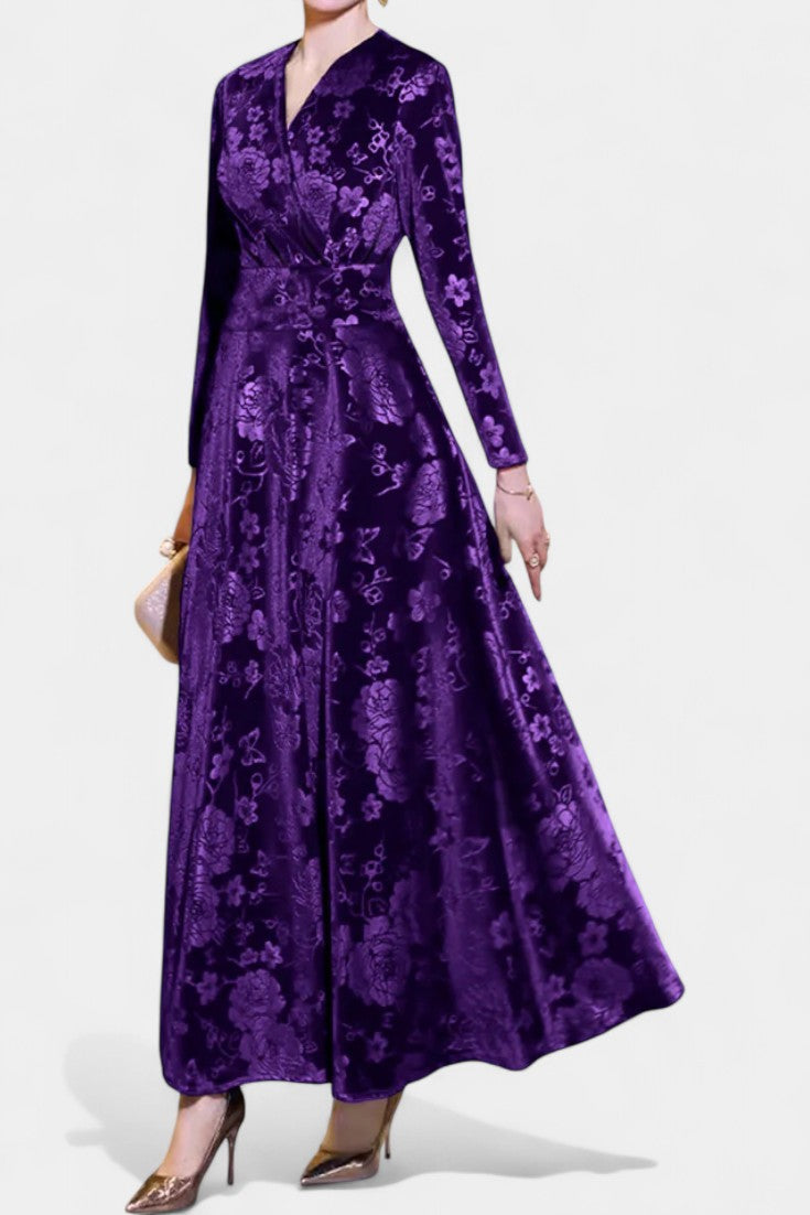 Ombeline V-Neck Long Velvet Dress with Textured Floral Design