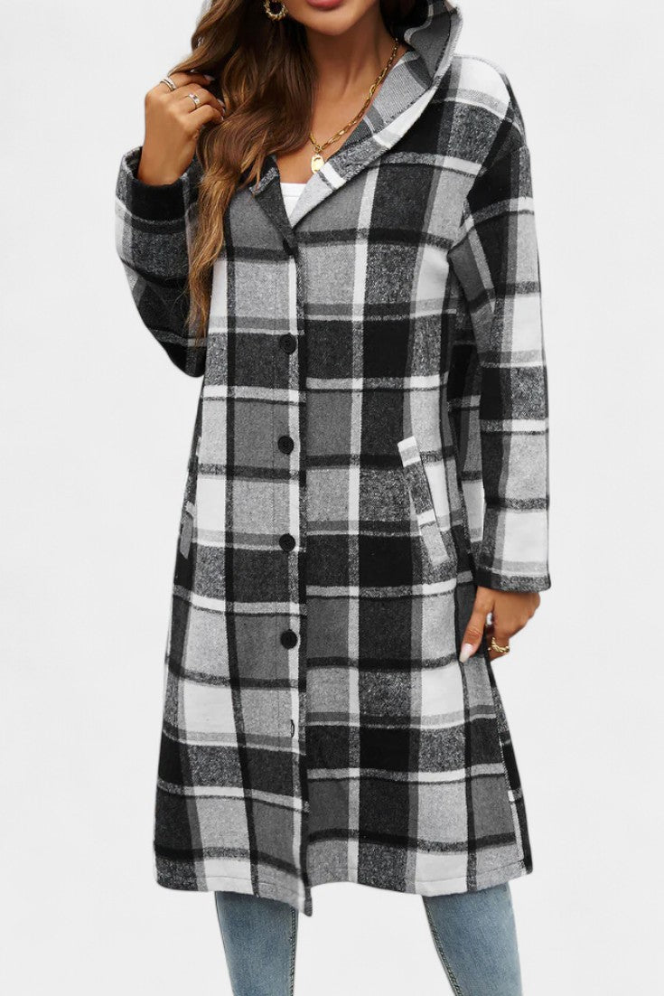 Sandrine Hooded Jacket with Button Closure in Brushed Check Design