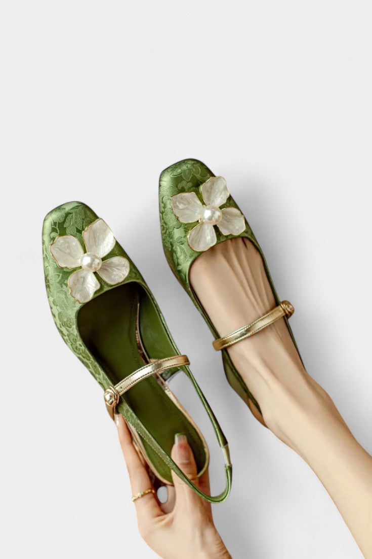 Eloise Textured Jacquard Mary Janes with Floral Accents and Medium Block Heel