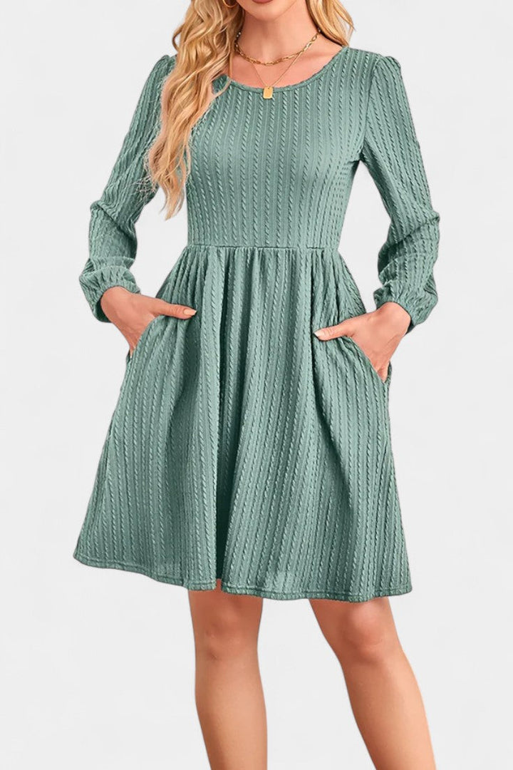 Dorothée Textured Flared Dress featuring Round Neck and Long Sleeves