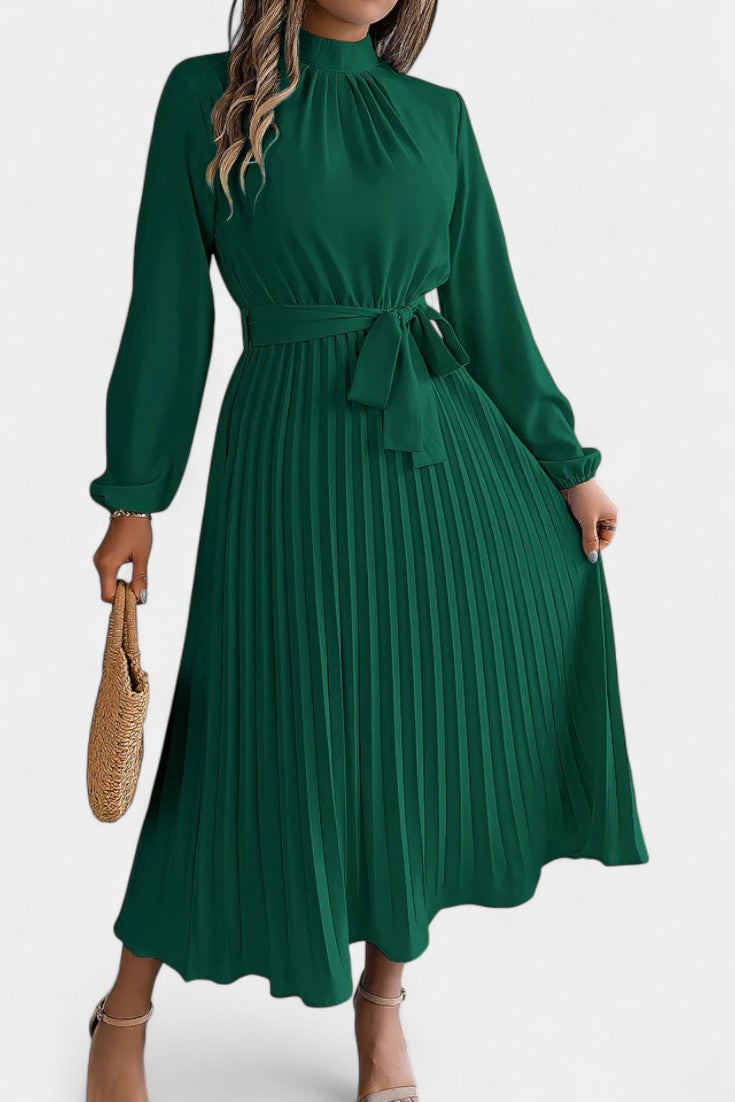 Morgane Pleated Dress Featuring a High Gathered Collar and Tied Waist