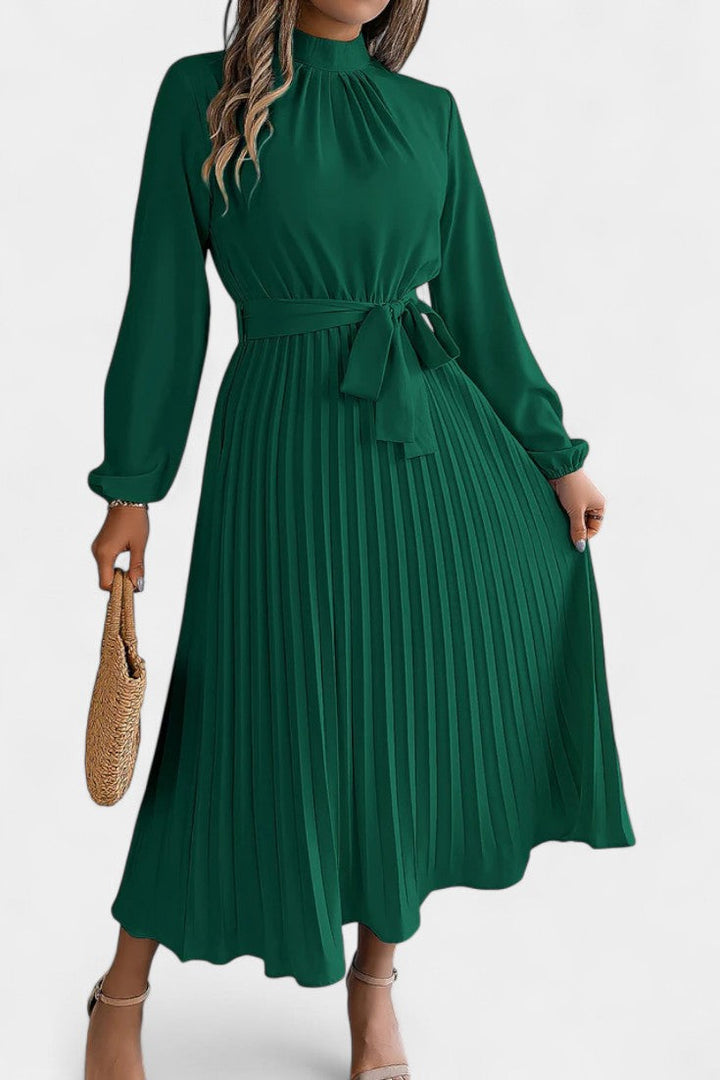 Morgane Pleated Dress Featuring a High Gathered Collar and Tied Waist