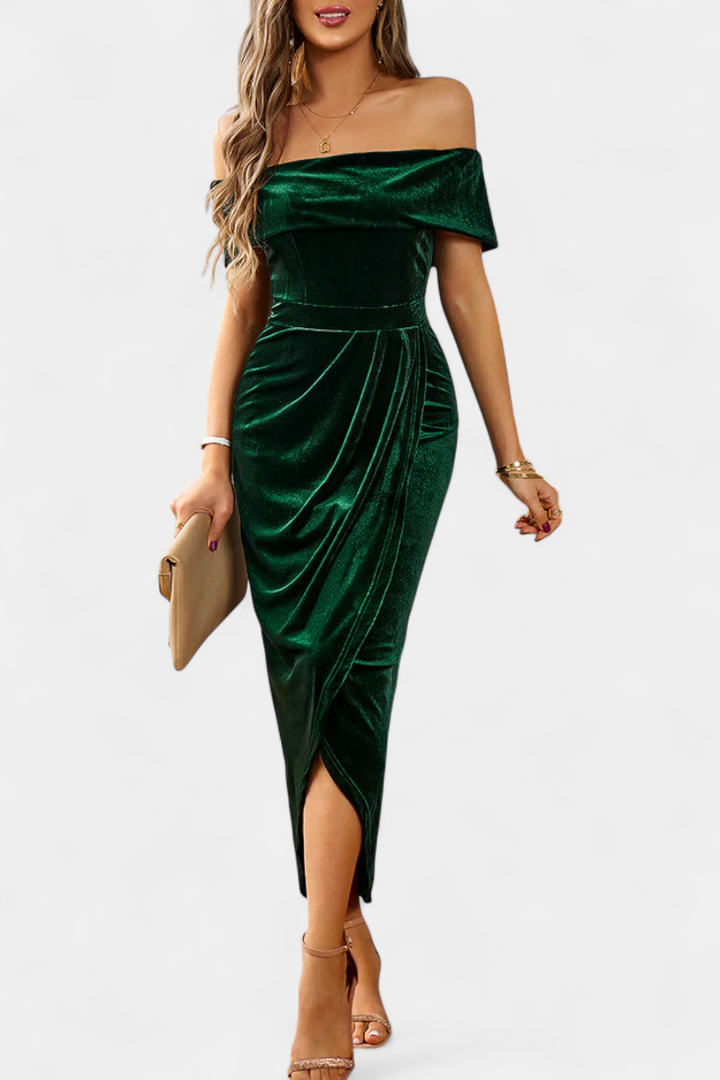 Geneviève Off-Shoulder Midi Velvet Dress with Side Slit