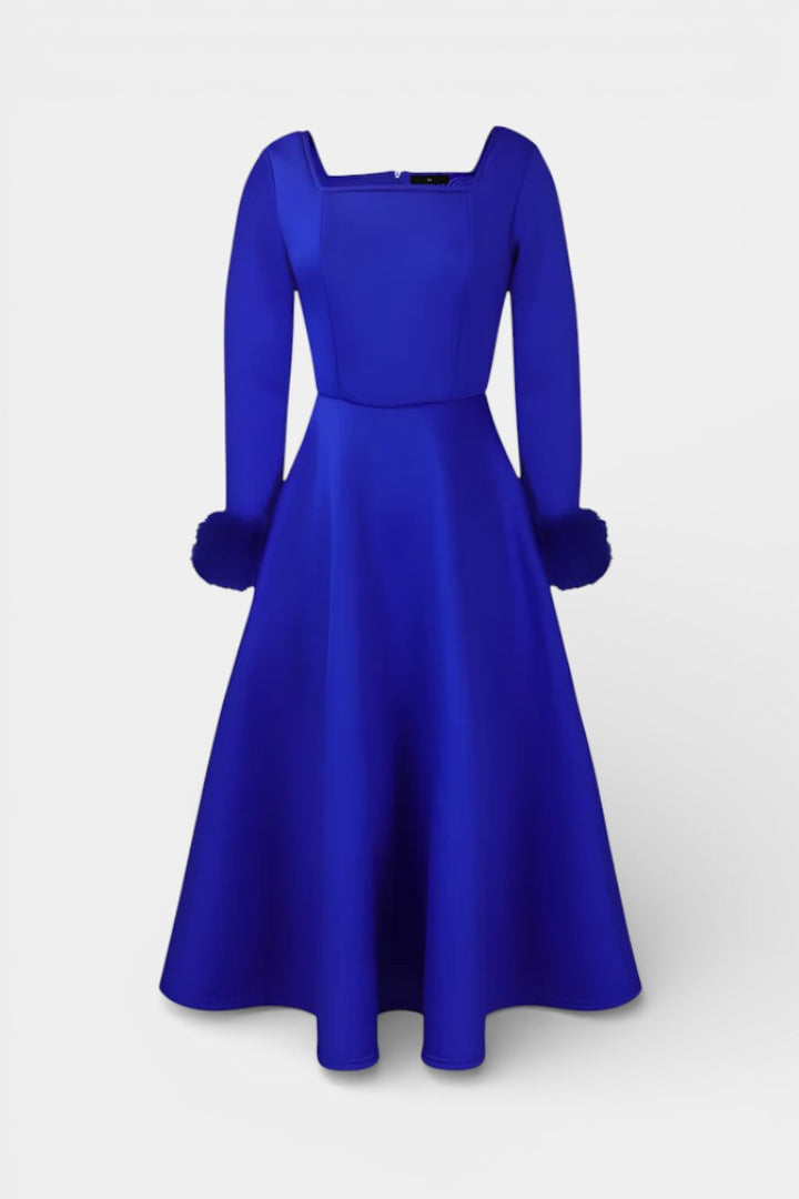 Alicia Flared Dress featuring Square Neckline and Faux Fur Patchwork Sleeves