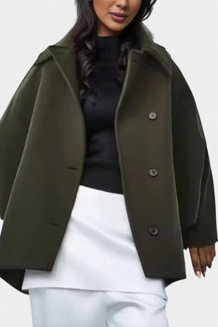 Ambreline Mid-Length Wool Batwing Coat featuring Notch Collar