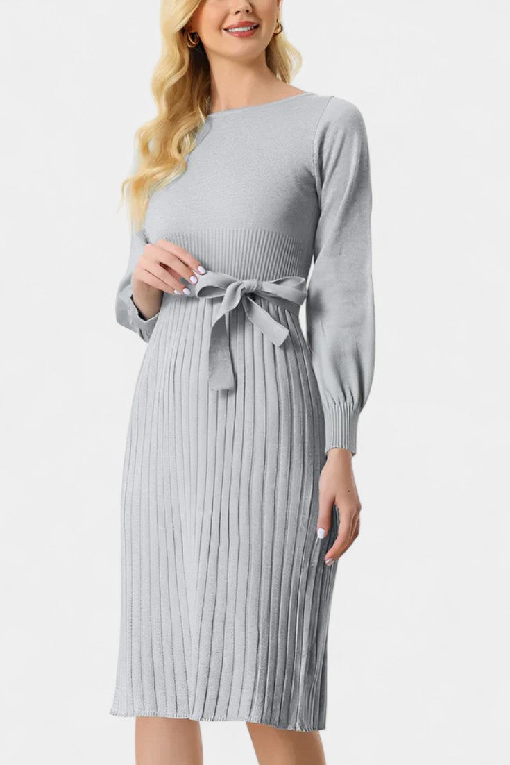 Chloéria Belted Midi Dress with Pleated Design and Ribbed Knit