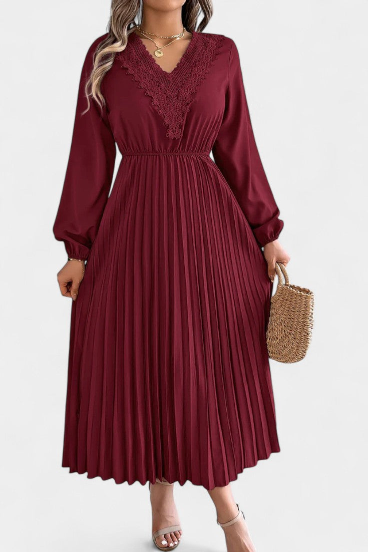 Séverine V-Neck Lace Dress with Long Puff Sleeves and Pleated Design