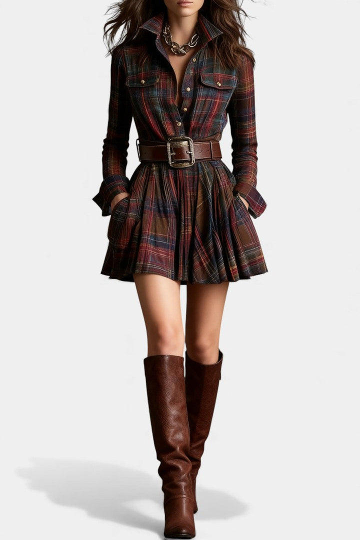Bogdana Vintage-Inspired Mini Dress with Checkered Pattern and Belt