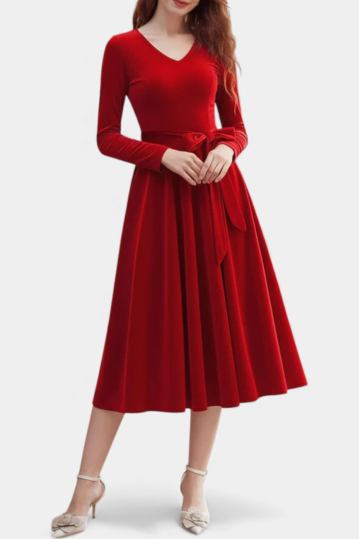 Almena V-Neck Midi Velvet Dress - Elegant and Perfect for Festive Occasions