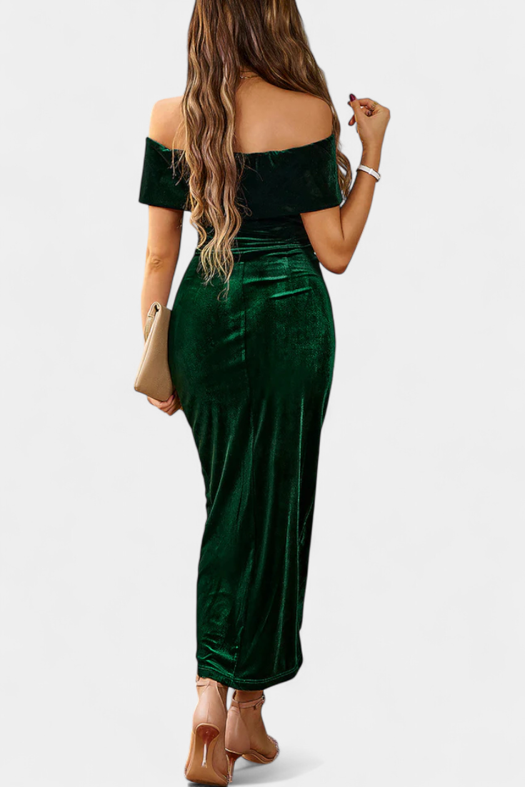 Geneviève Off-Shoulder Midi Velvet Dress with Side Slit