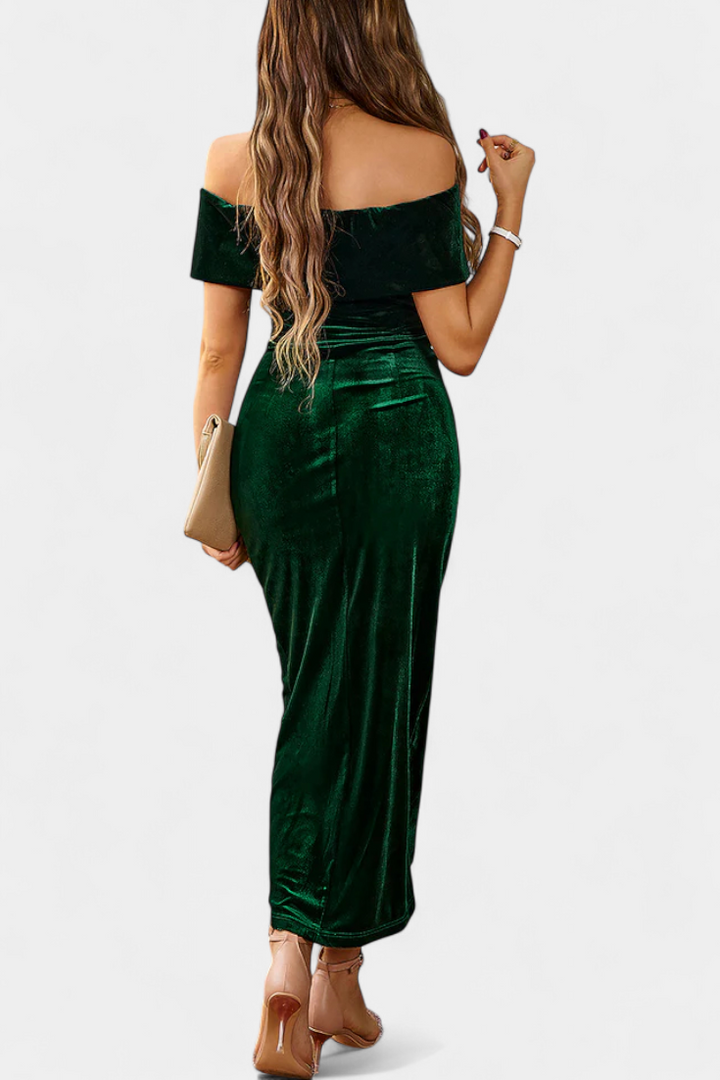 Geneviève Off-Shoulder Midi Velvet Dress with Side Slit