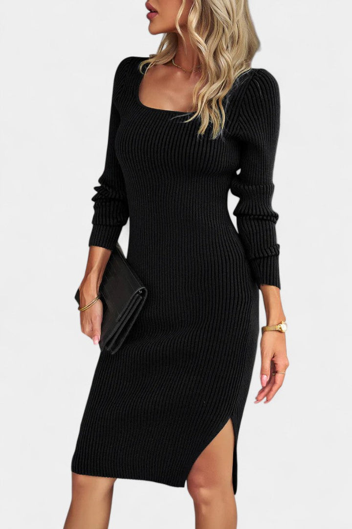 Élarine Fitted Ribbed Midi Sweater Dress with Side Slit