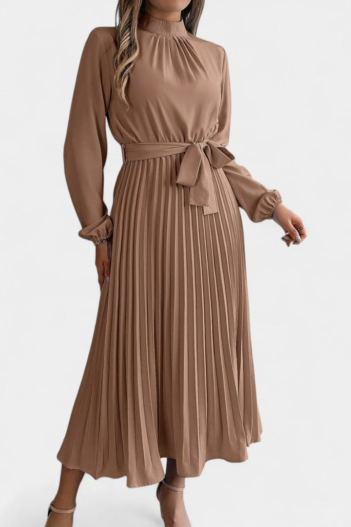 Morgane Pleated Dress featuring a High Ruffled Collar and Tied Waist