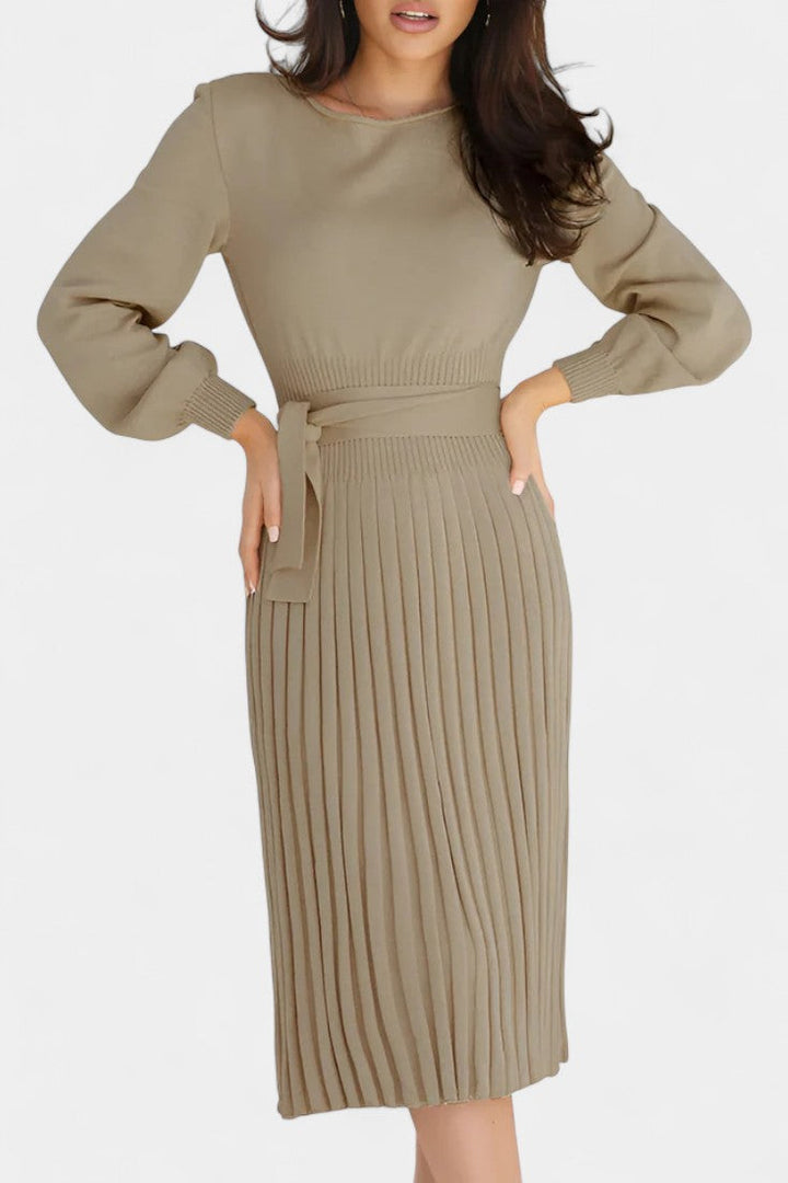 Chloéria Belted Midi Dress with Pleated Design and Ribbed Knit