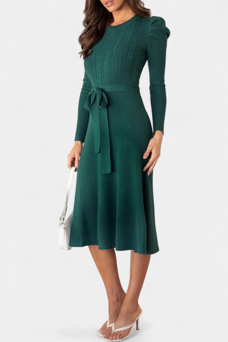 Évoria Puff Sleeve Knitted Midi Dress with Lace Accents