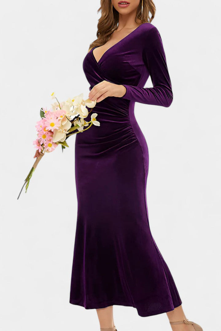 Hesperia Asymmetrical Ruching Velvet Dress with Mermaid Hem