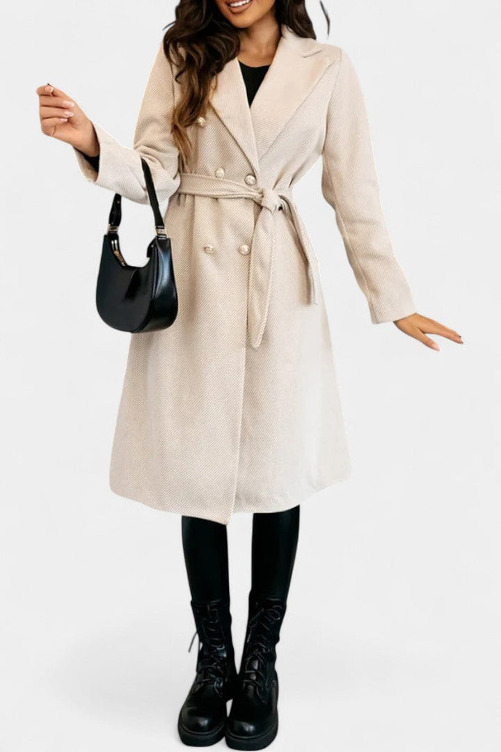 Miguelle Double-Breasted Coat Featuring a Tie Belt