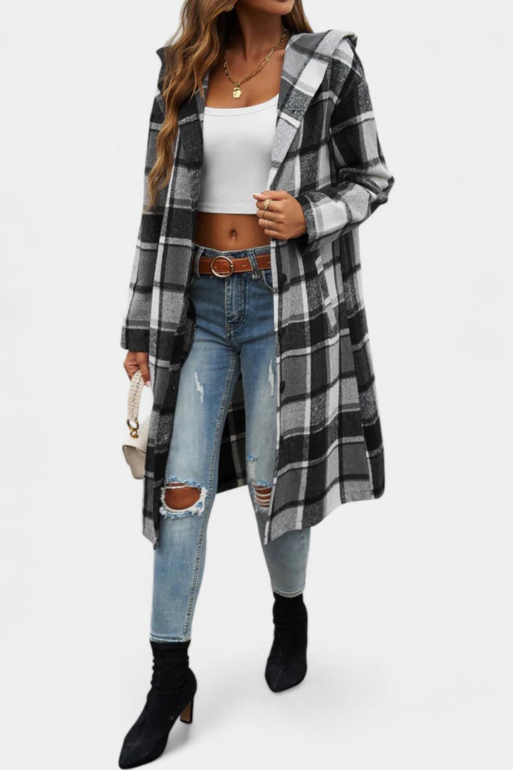 Sandrine Hooded Jacket with Button Closure in Brushed Check Design