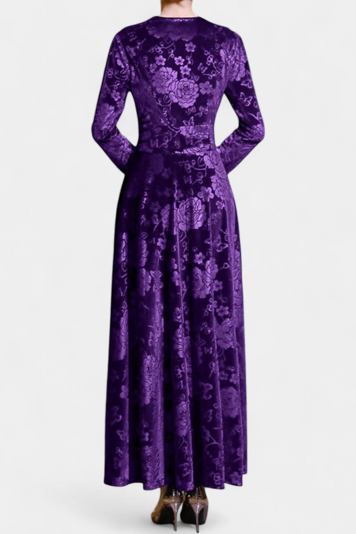 Ombeline V-Neck Long Velvet Dress with Textured Floral Design