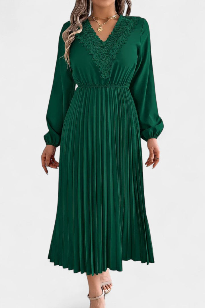 Séverine V-Neck Lace Dress with Long Puff Sleeves and Pleated Design