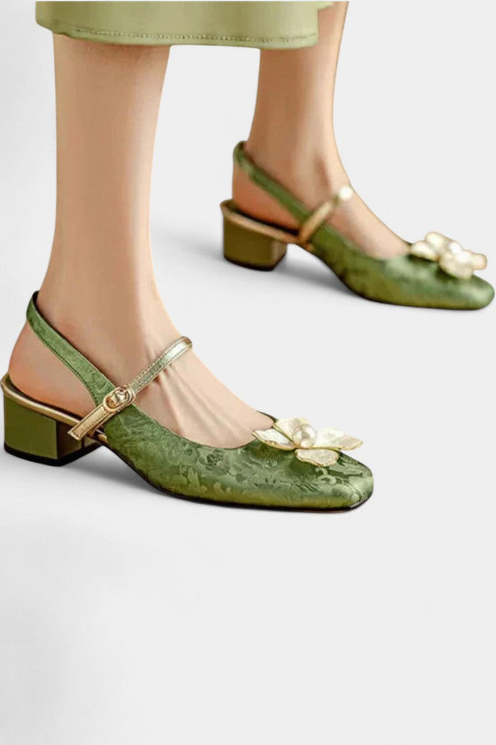 Eloise Textured Jacquard Mary Janes with Floral Accents and Medium Block Heel