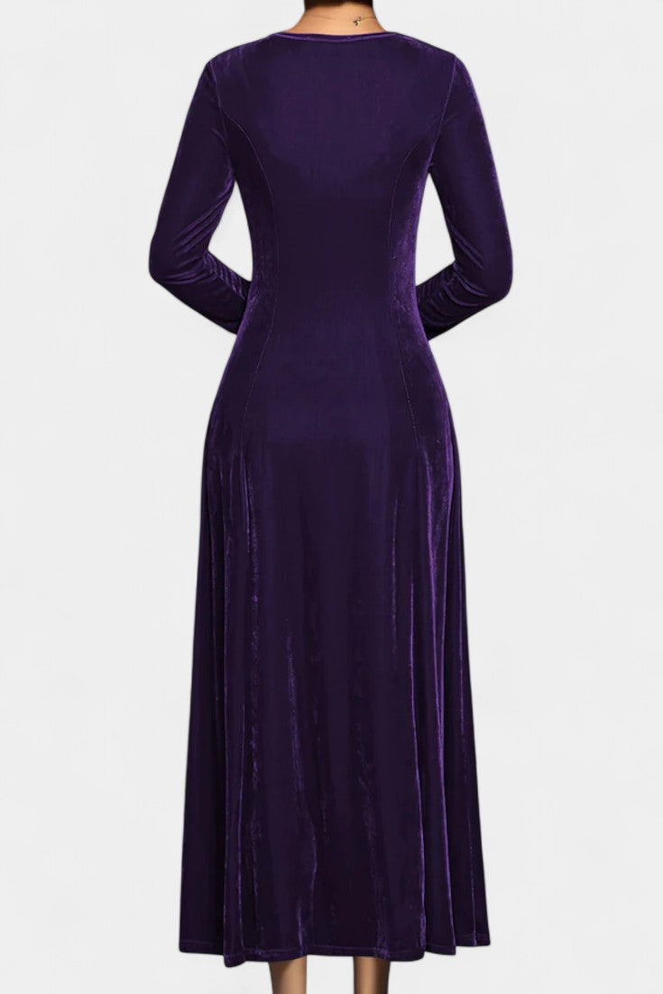 Tiphaine Round Neck Long Sleeve Velvet Maxi Dress
