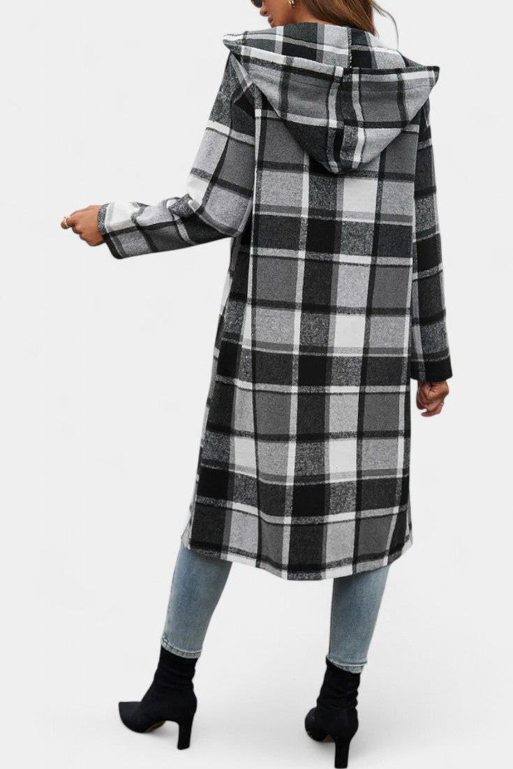 Sandrine Hooded Jacket with Button Closure in Brushed Check Design