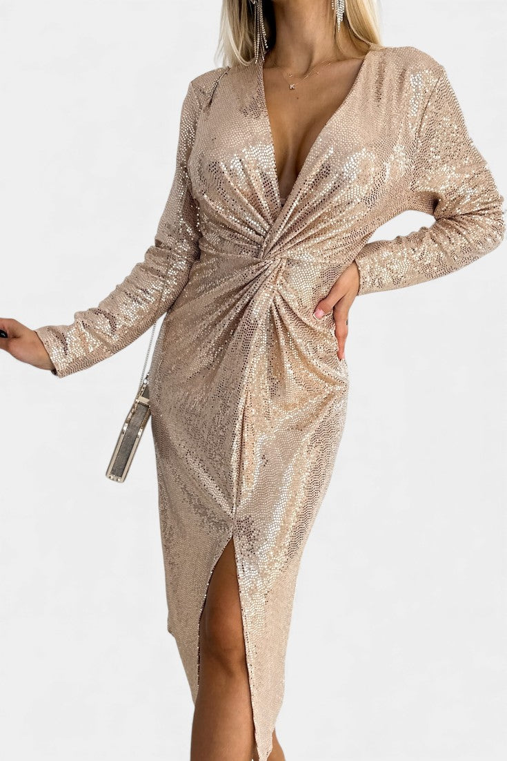 Sofina V-Neck Sequined Dress with Chic Slit