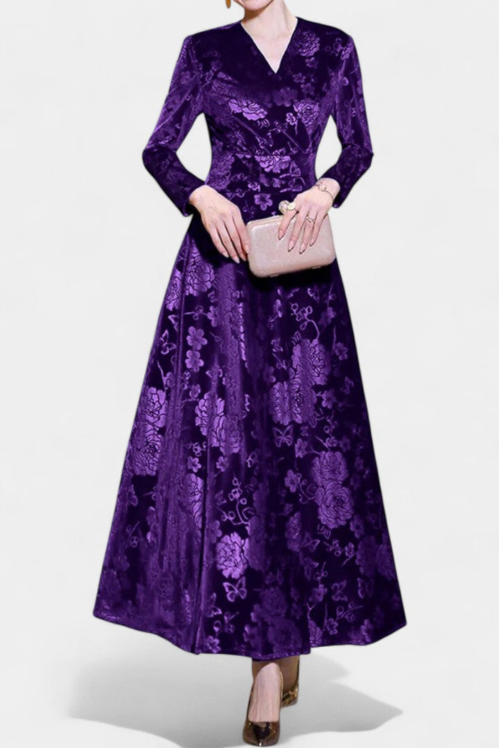 Ombeline V-Neck Long Velvet Dress with Textured Floral Design