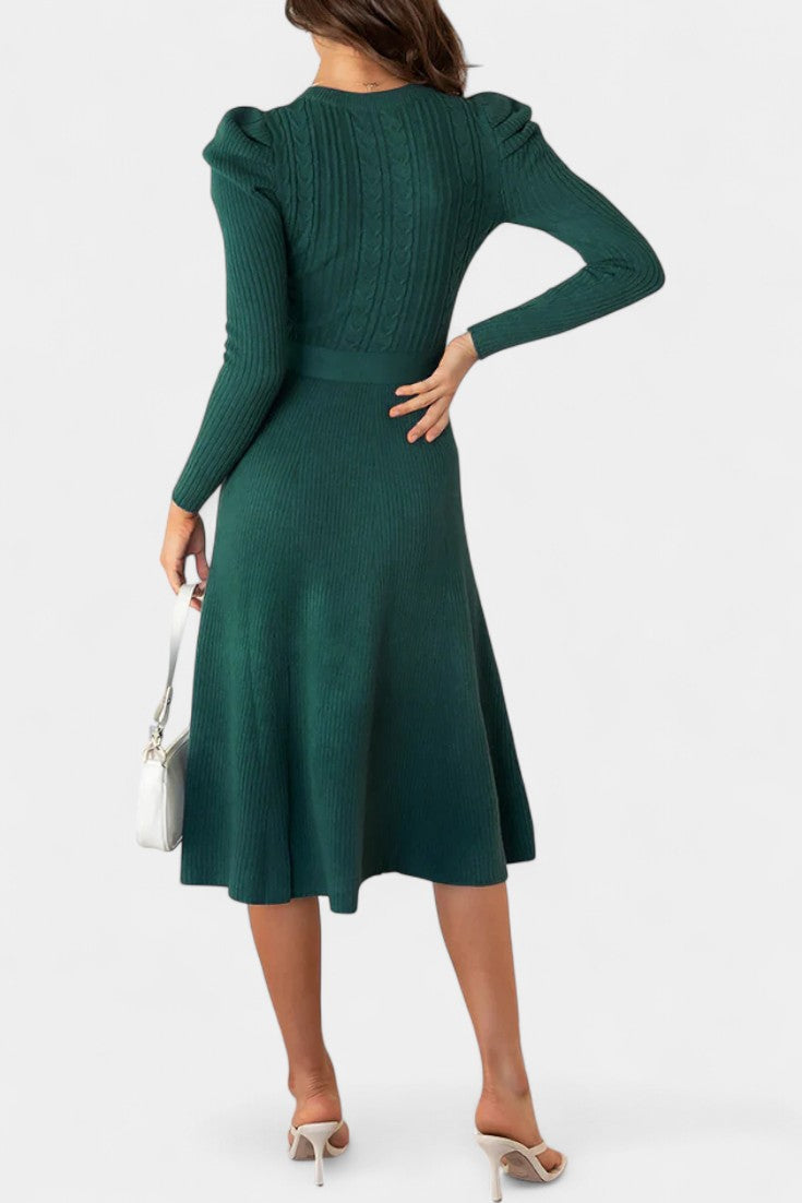 Évoria Puff Sleeve Midi Knit Dress with Lace Accents