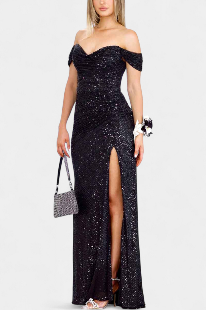 Off-Shoulder Mermaid Dress by Ariel with Ruched Corset and High Slit