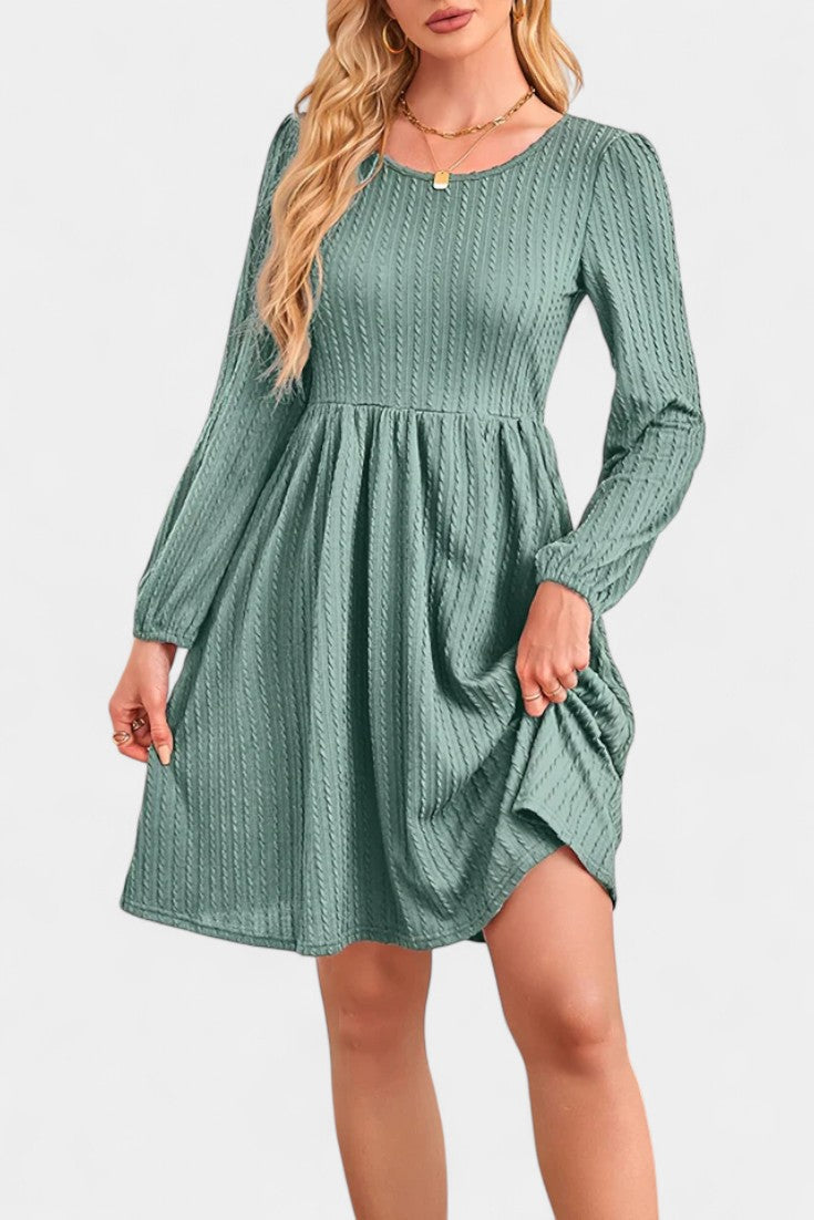 Dorothée Textured Flared Dress featuring Round Neck and Long Sleeves