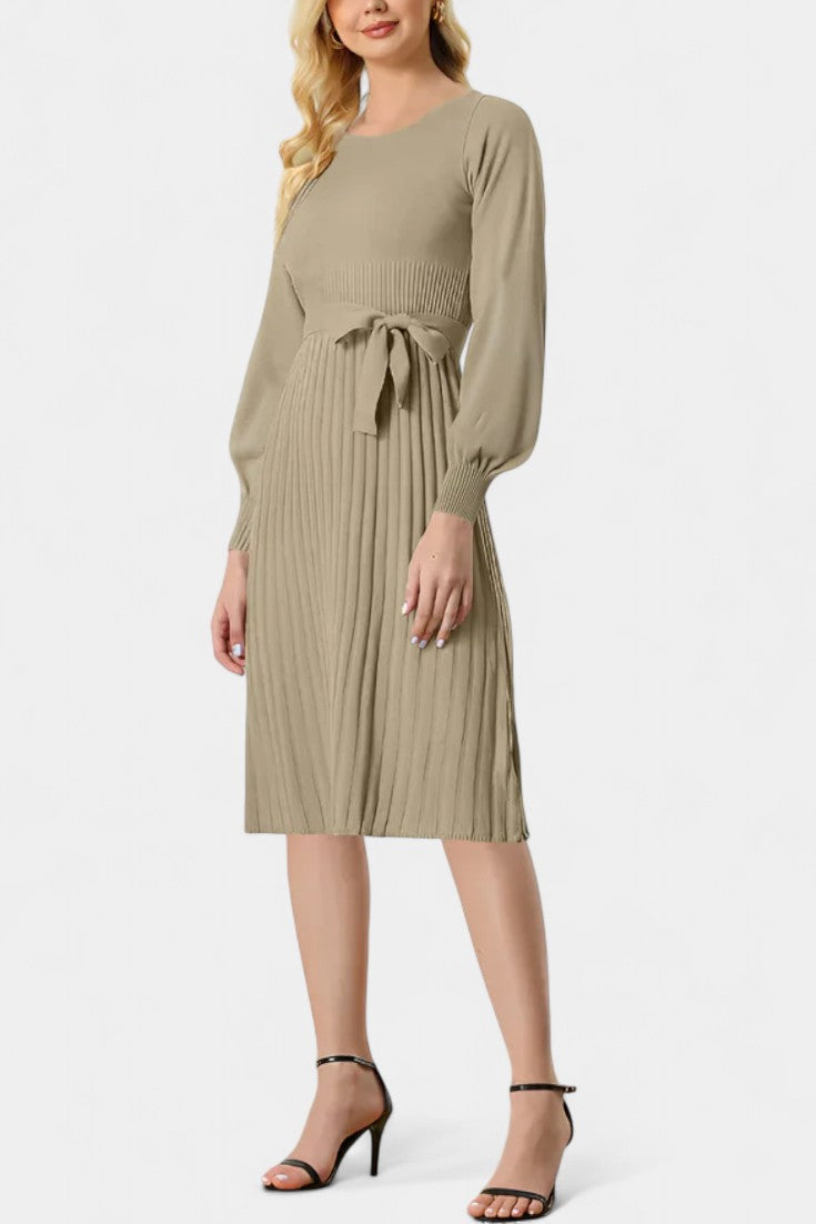 Chloéria Belted Midi Dress with Pleats and Ribbed Knit