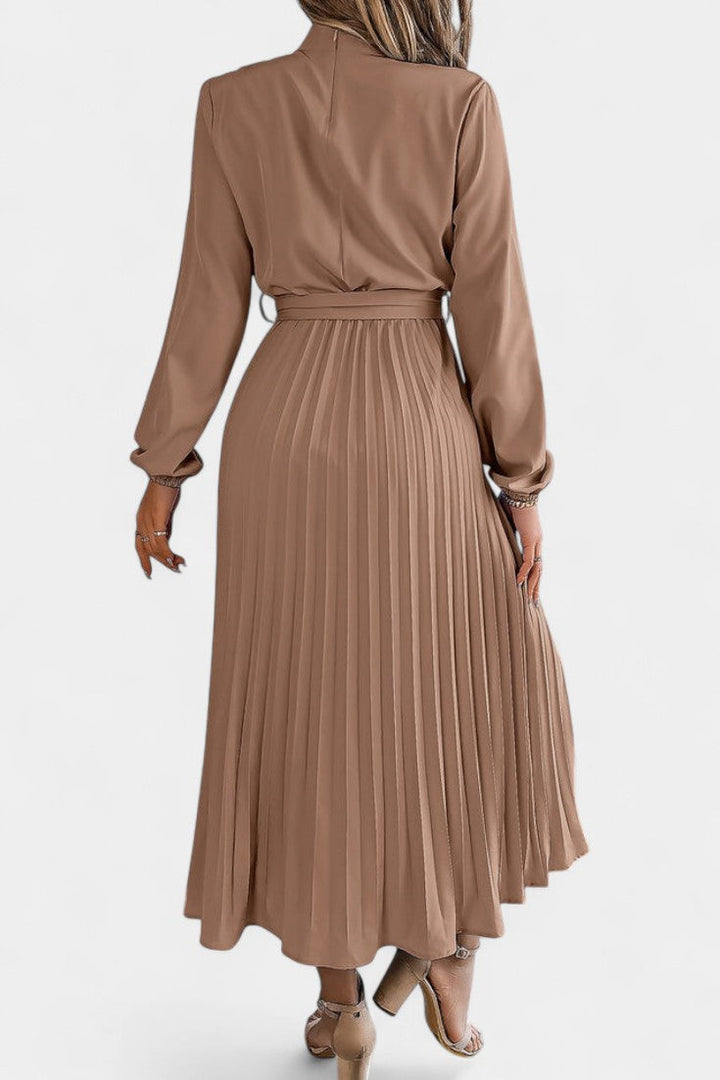 Morgane Pleated Dress Featuring a High Gathered Collar and Tied Waist