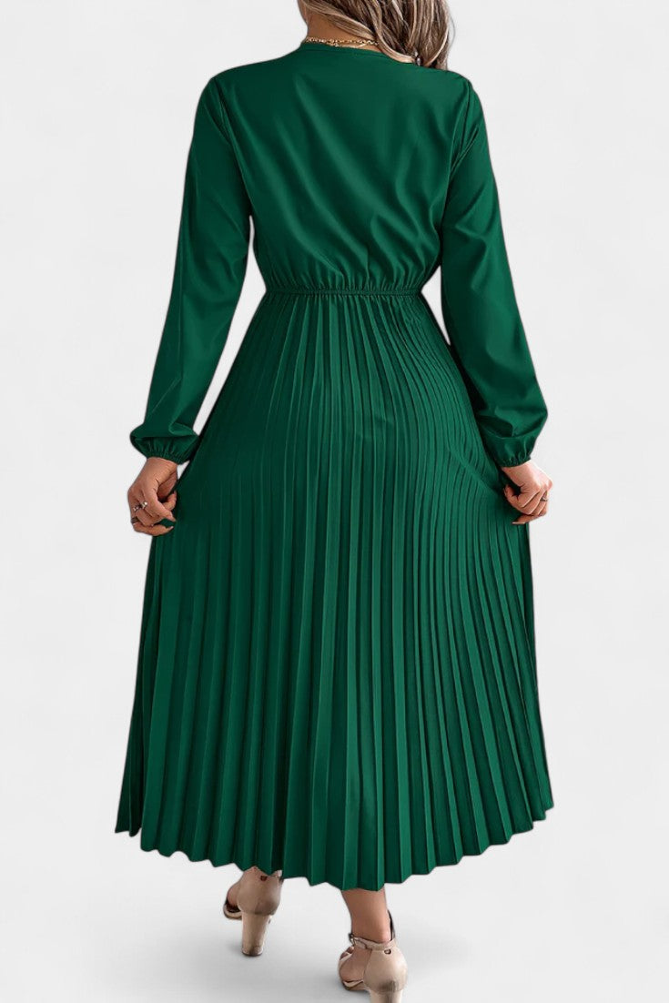 Séverine V-Neck Lace Dress with Long Puff Sleeves and Pleated Design