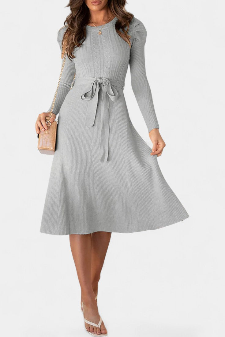 Évoria Puff Sleeve Knitted Midi Dress with Lace Accents