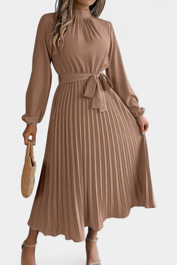 Morgane Pleated Dress featuring a High Ruffled Collar and Tied Waist