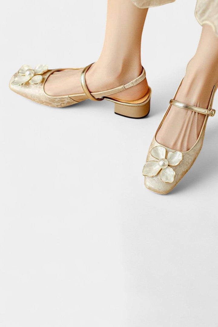 Eloise Textured Jacquard Mary Janes with Floral Accents and Medium Block Heel