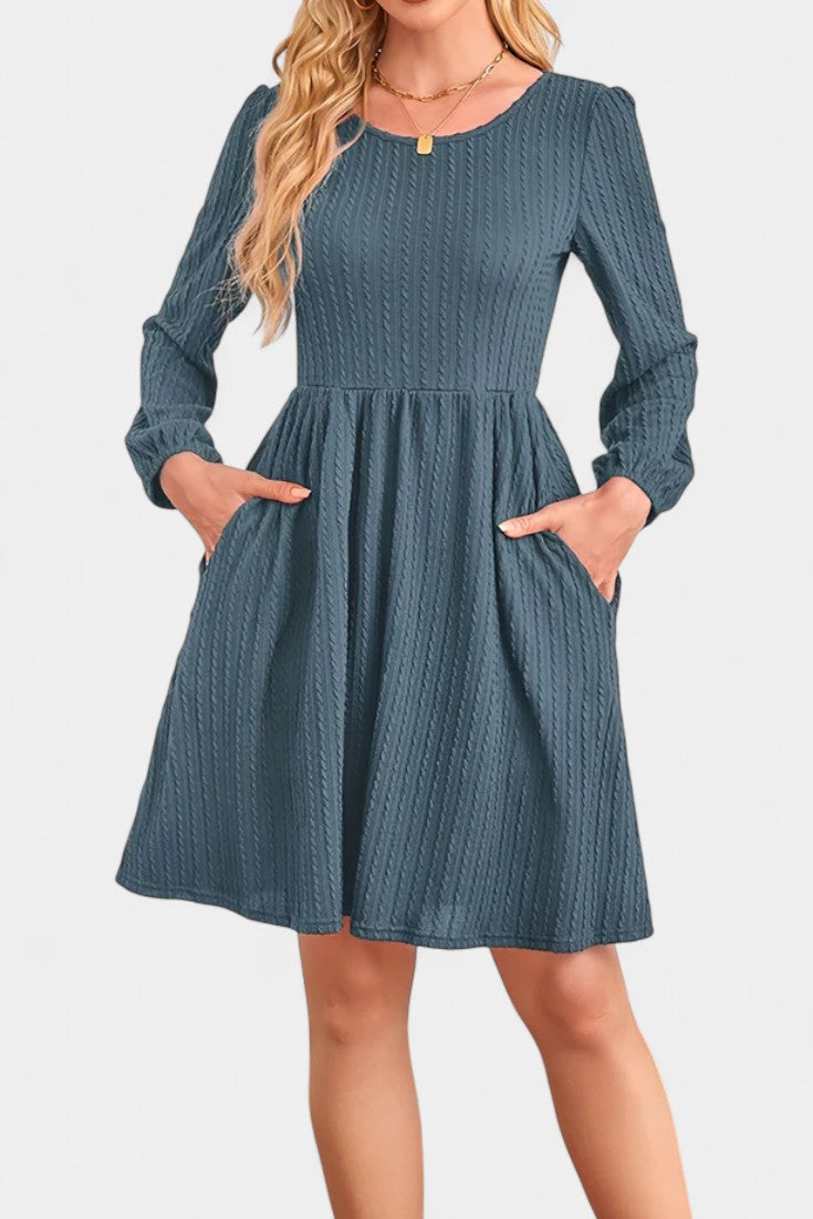 Dorothée Textured Flared Dress featuring Round Neck and Long Sleeves