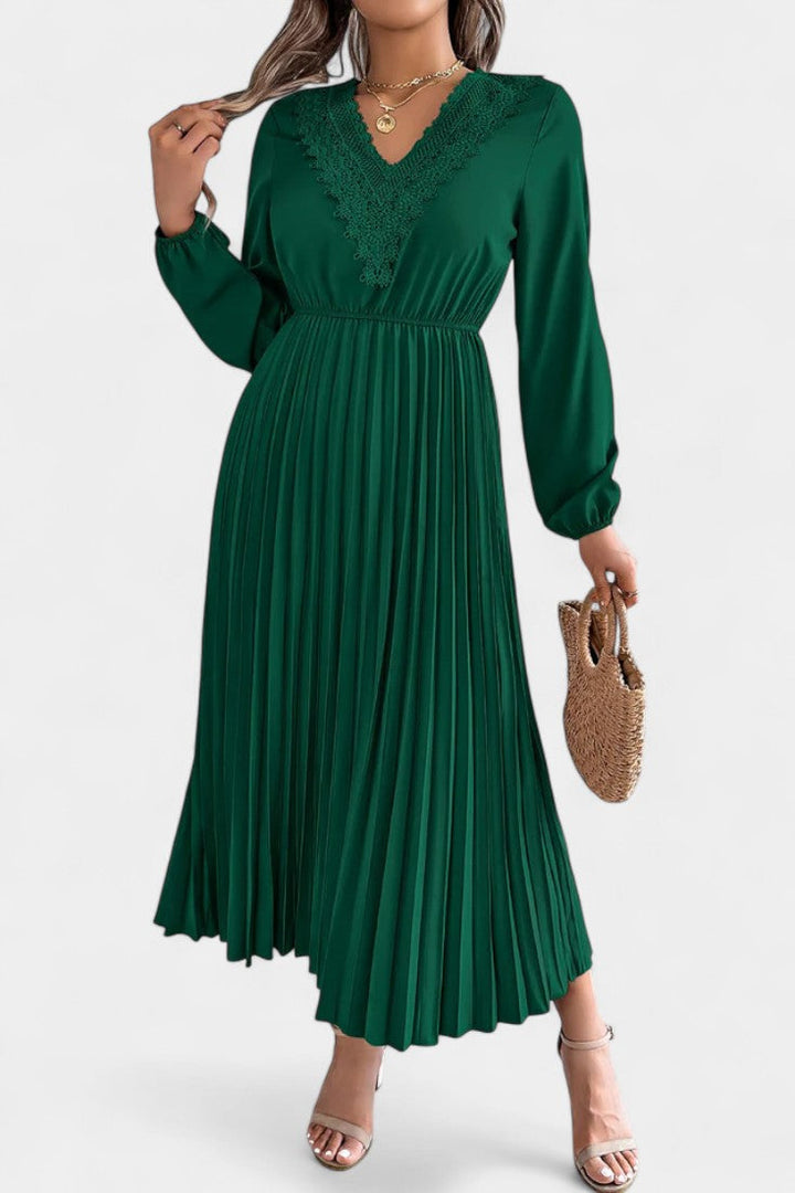 Séverine V-Neck Lace Dress with Long Puff Sleeves and Pleated Design