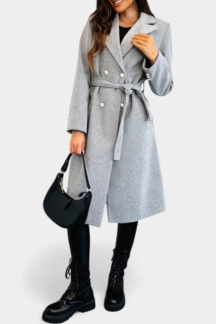 Miguelle Double-Breasted Coat Featuring a Stylish Tie Belt