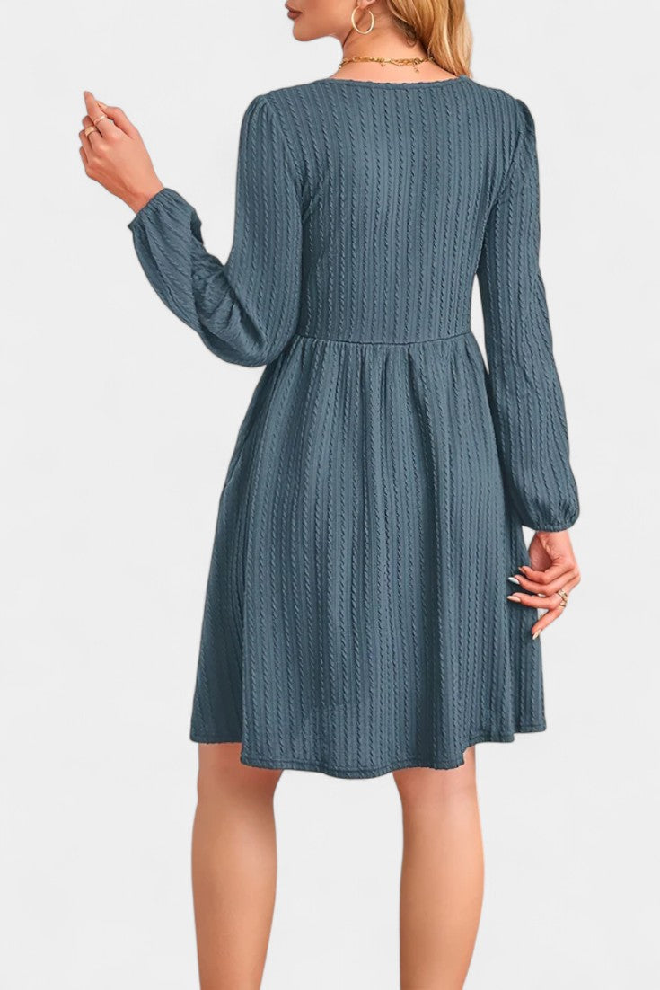 Dorothée Long Sleeve Textured Flared Dress with Round Neck