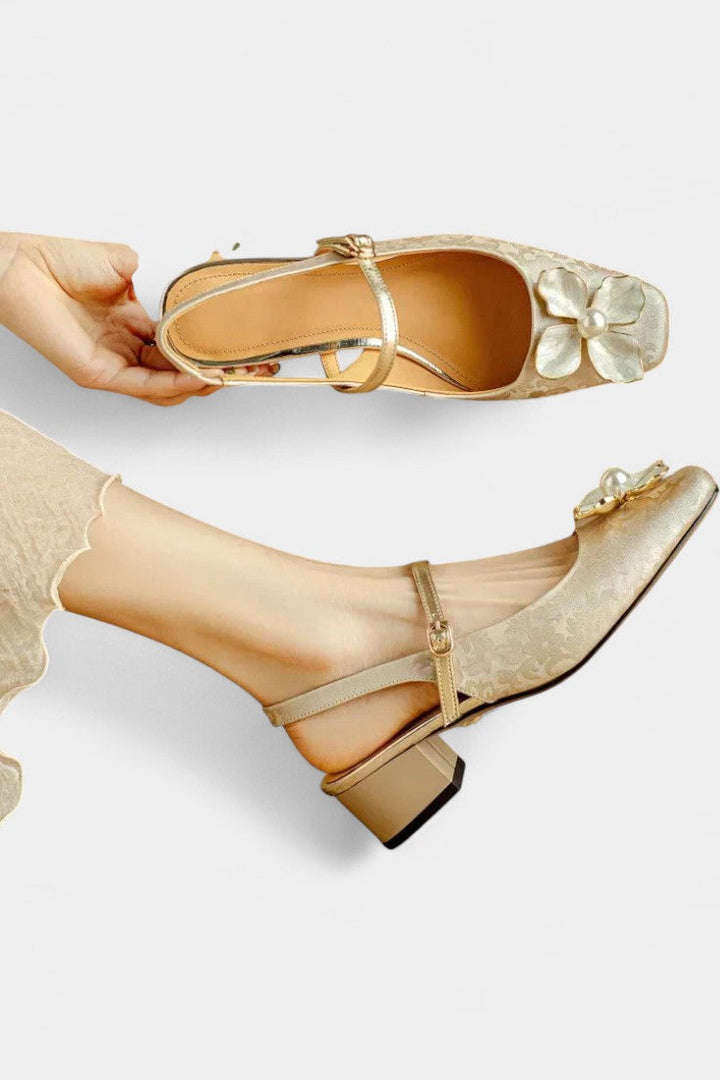 Eloise Textured Jacquard Mary Janes with Floral Accents and Medium Block Heel