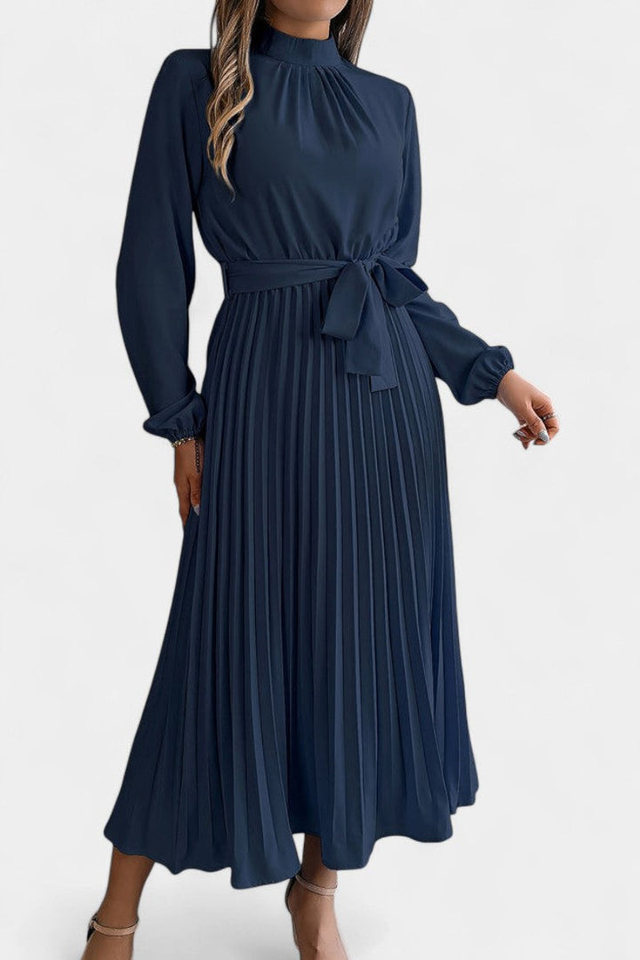 Morgane Pleated Dress featuring a High Ruffled Collar and Tied Waist
