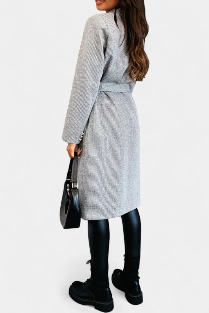 Miguelle Double-Breasted Coat Featuring a Tie Belt