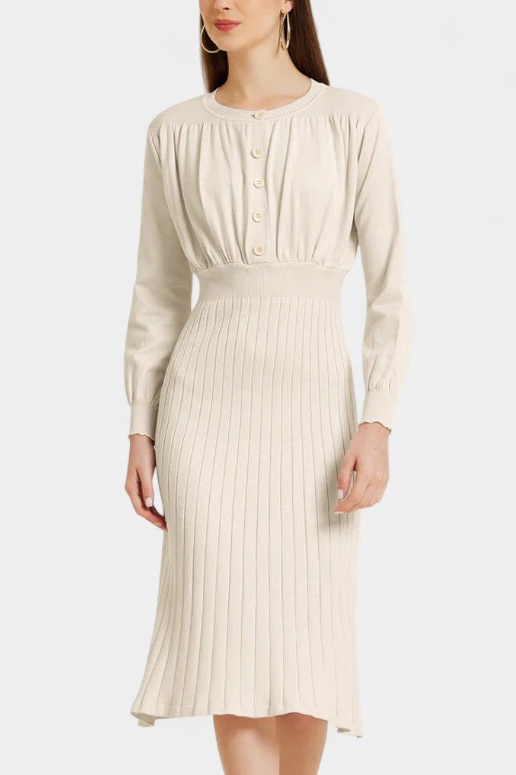 Arsina Ribbed Midi Dress with Lantern Sleeves and Round Neckline